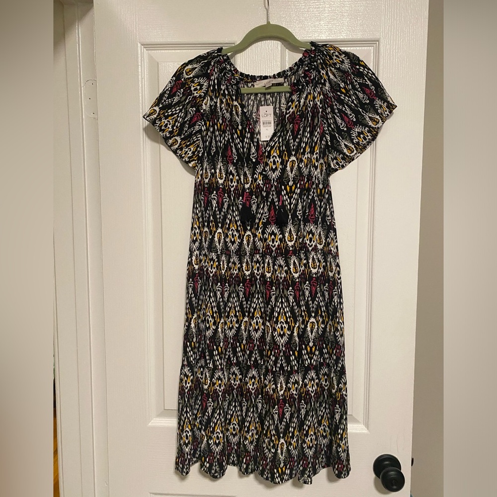 LOFT Tie Neck Tiered Swing Dress XL